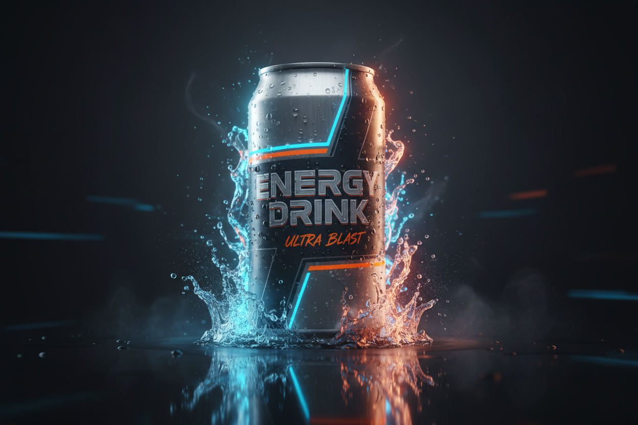 Create a high-end, premium product photo of an energy drink can named ENERGY DRINK. The can is 250ml, sleek, metallic, and modern with a bold, powerful design. Add dynamic lighting, cold water droplets on the can, and a glowing energetic aura. Place the can on a dark glossy surface with splashes, mist, or steam for an intense, energetic vibe. Use dramatic studio lighting, ultra-realistic textures, 8K resolution, sharp details, and a professional commercial look suitable for a Shopify store homepage