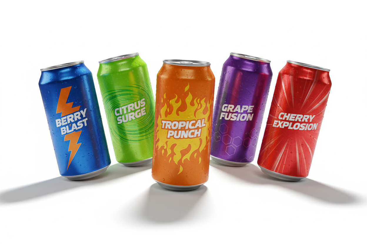 please design a energy drink cans with multiple flavor  
